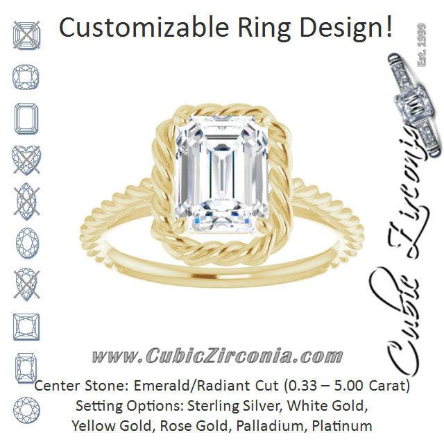 Cubic Zirconia Engagement Ring- The Carrington (Customizable Cathedral-set Radiant Cut Solitaire with Thin Rope-Twist Band)