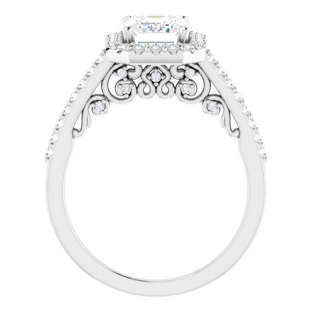 Cubic Zirconia Engagement Ring- The Aiko (Customizable Cathedral-Halo Radiant Cut Design with Carved Metal Accent plus Pavé Band)