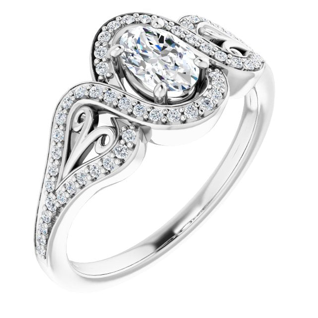 14K White Gold Customizable Oval Cut Design with Bypass Halo and Split-Shared Prong Band