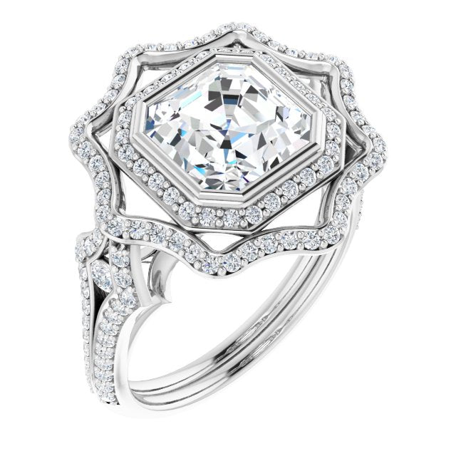 10K White Gold Customizable Asscher Cut Style with Ultra-wide Pavé Split-Band and Nature-Inspired Double Halo