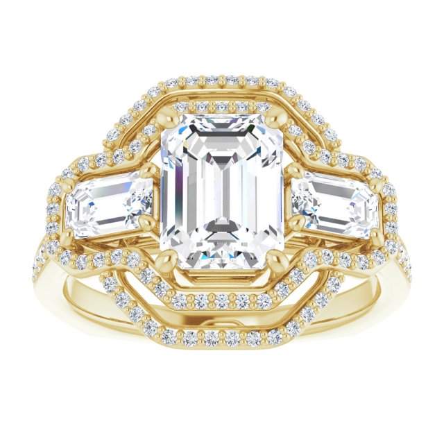Cubic Zirconia Engagement Ring- The Fallon (Customizable Enhanced 3-stone Style with Radiant Cut Center, Radiant Cut Accents, Double Halo and Thin Shared Prong Band)