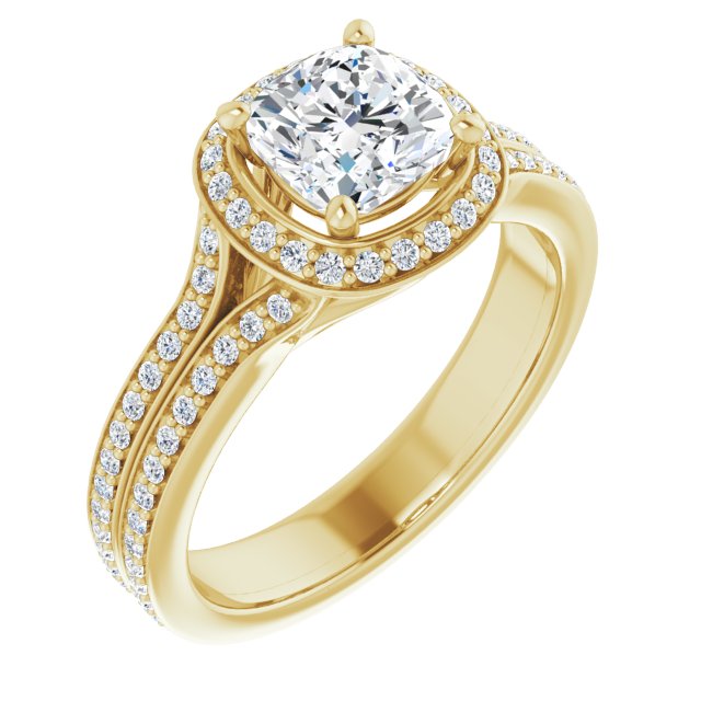 10K Yellow Gold Customizable Cathedral-raised Cushion Cut Setting with Halo and Shared Prong Band