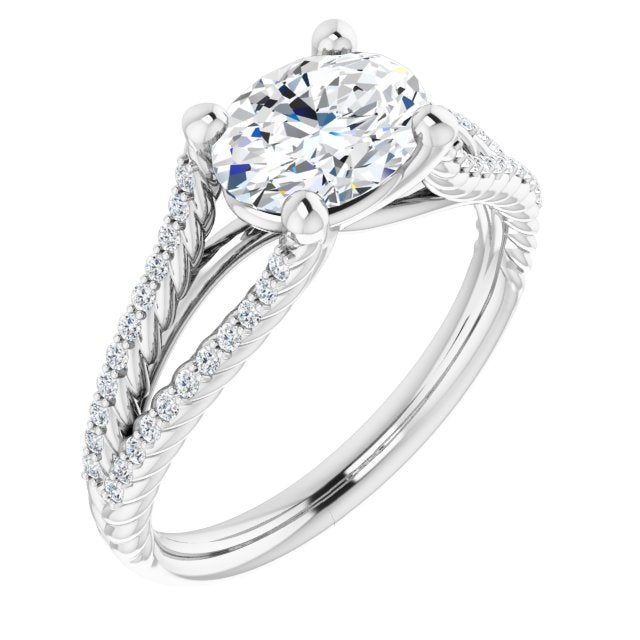 Cubic Zirconia Engagement Ring- The Contessa (Customizable Oval Cut Style with Split Band and Rope-Pavé)
