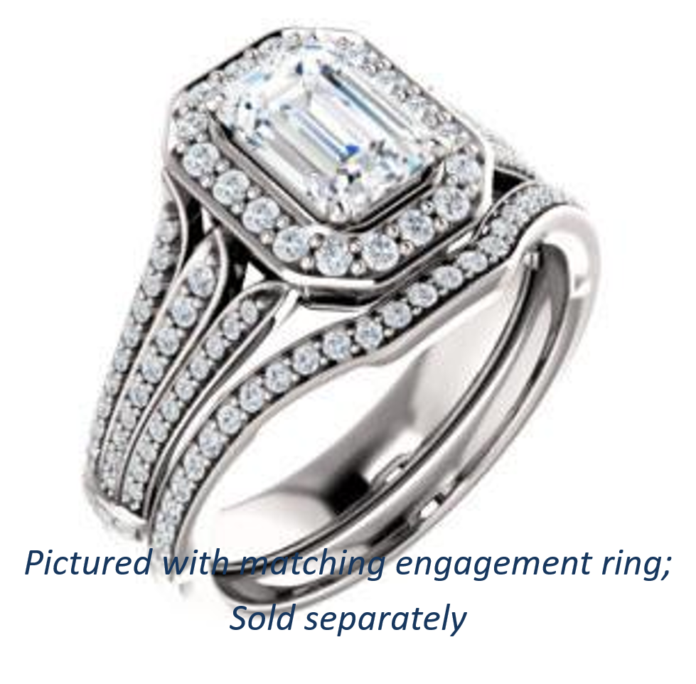 Cubic Zirconia Engagement Ring- The Frannie (Customizable Emerald Cut Style with Halo and Tri-Split Pavé Band)