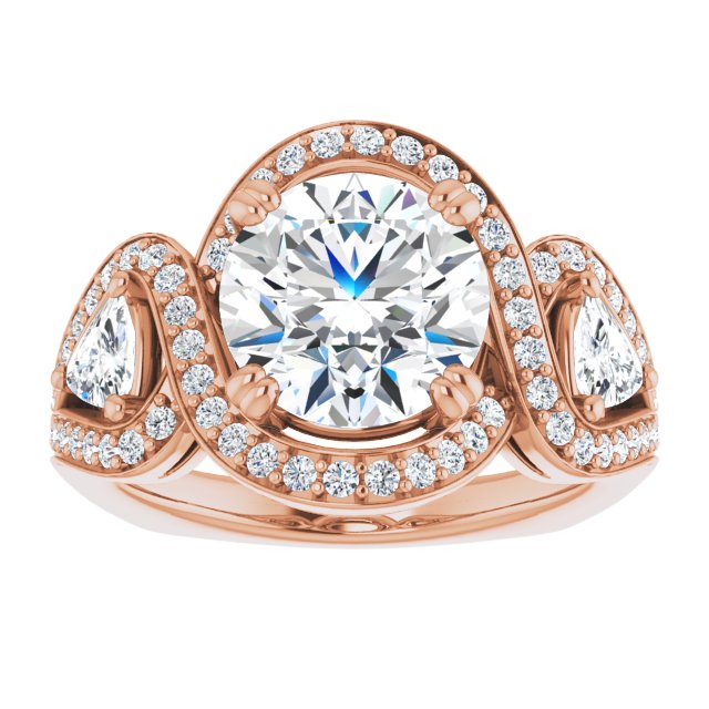 Cubic Zirconia Engagement Ring- *Clearance* The Ana Miranda (3.50 Carat Round Cut Center with Twin Trillion Accents, Twisting Shared Prong Split Band, and Halo in 18K Rose Gold)