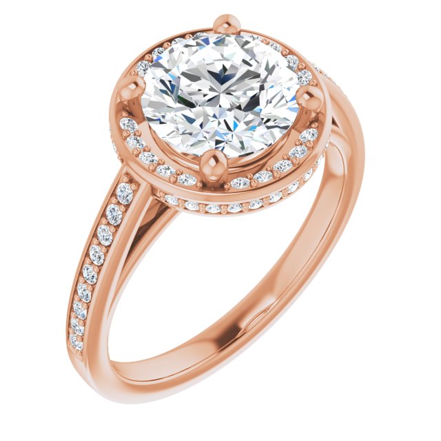 14K Rose Gold Customizable Cathedral-Halo Round Cut Design with Under-halo & Shared Prong Band