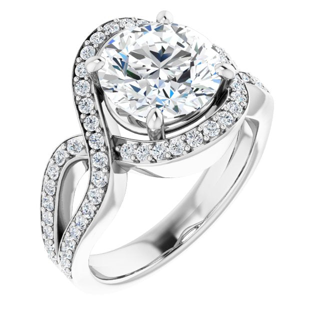 14K White Gold Customizable Round Cut Center with Infinity-inspired Split Shared Prong Band and Bypass Halo