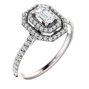 Cubic Zirconia Engagement Ring- The Alisa (Customizable Emerald Cut with Geometric Double Halo)