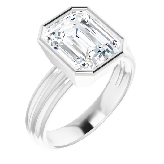 10K White Gold Customizable Bezel-set Emerald/Radiant Cut Solitaire with Grooved Band