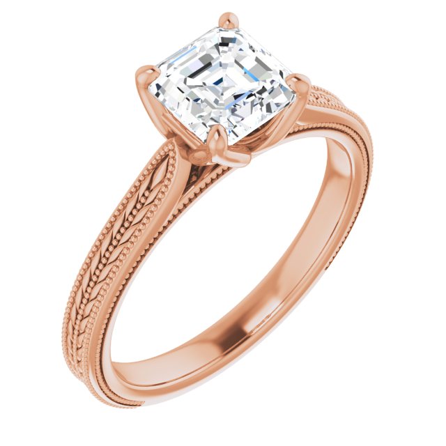 10K Rose Gold Customizable Asscher Cut Solitaire with Wheat-inspired Band 