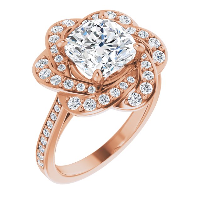 10K Rose Gold Customizable Cathedral-raised Cushion Cut Design with Floral/Knot Halo and Thin Accented Band