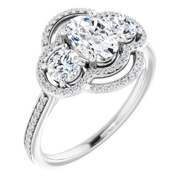 10K White Gold Customizable Enhanced 3-stone Double-Halo Style with Oval Cut Center and Thin Band