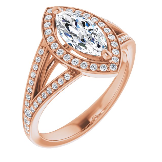 10K Rose Gold Customizable Cathedral-Halo Marquise Cut Style featuring Split-Shared Prong Band