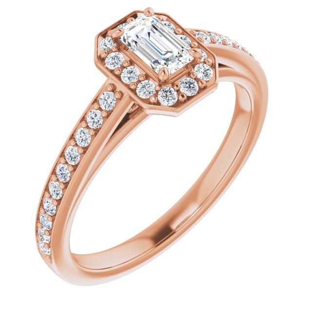 10K Rose Gold Customizable Emerald/Radiant Cut Style with Halo and Sculptural Trellis