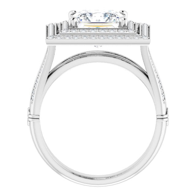 Cubic Zirconia Engagement Ring- The Chaunte (Customizable Cathedral-set Princess/Square Cut Design with Double Halo, Wide Split-Shared Prong Band and Side Knuckle Accents)