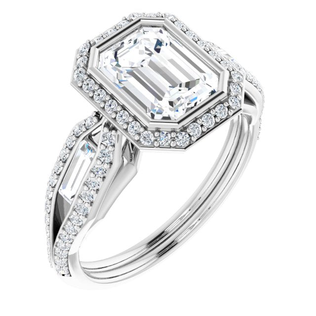 Cubic Zirconia Engagement Ring- The Alekhya (Customizable Cathedral-Bezel Radiant Cut Design with Halo, Split-Pavé Band & Channel Baguettes)