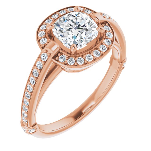 10K Rose Gold Customizable High-Cathedral Cushion Cut Design with Halo and Shared Prong Band