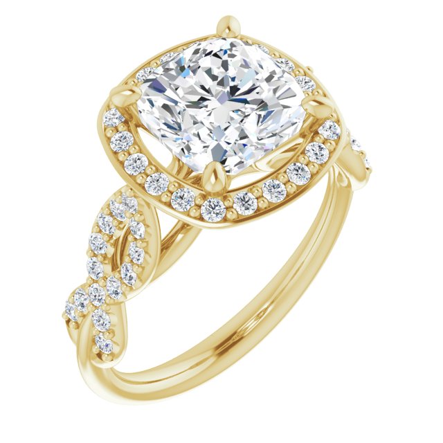 10K Yellow Gold Customizable Cathedral-Halo Cushion Cut Design with Artisan Infinity-inspired Twisting Pavé Band