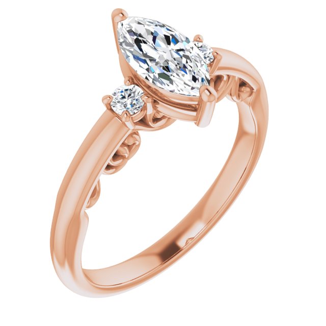10K Rose Gold Customizable Marquise Cut 3-stone Style featuring Heart-Motif Band Enhancement