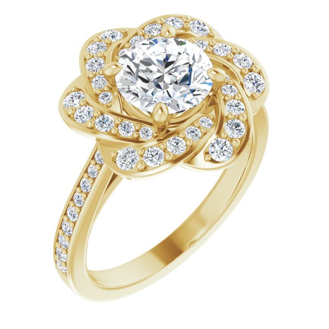 10K Yellow Gold Customizable Cathedral-raised Round Cut Design with Floral/Knot Halo and Thin Accented Band