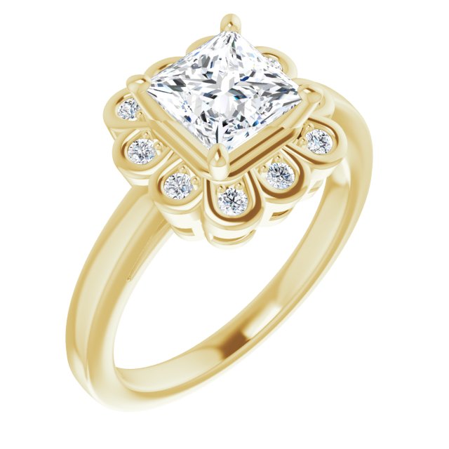 10K Yellow Gold Customizable 9-stone Princess/Square Cut Design with Round Bezel Side Stones