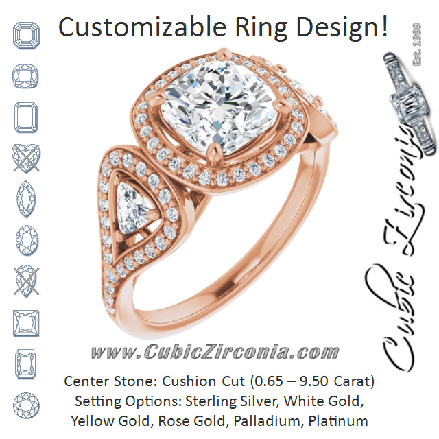 Cubic Zirconia Engagement Ring- The Cordelia (Customizable Cathedral-set Cushion Cut Design with 2 Trillion Cut Accents, Halo and Split-Shared Prong Band)