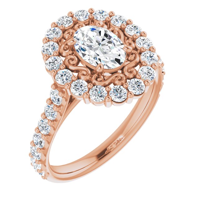 10K Rose Gold Customizable Oval Cut Cathedral Style with Oversized Halo
