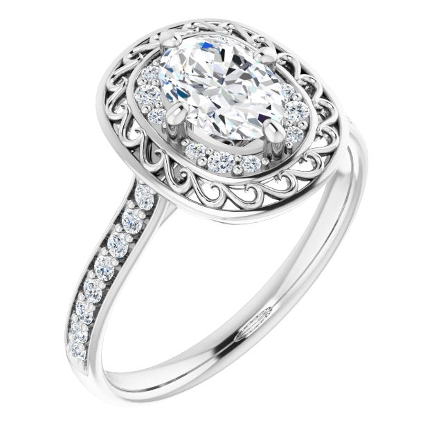 10K White Gold Customizable Cathedral-style Oval Cut featuring Cluster Accented Filigree Setting & Shared Prong Band