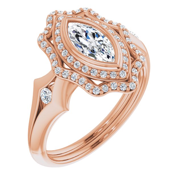 10K Rose Gold Customizable Cathedral-bezel Marquise Cut Design with Floral Double Halo and Channel-Accented Split Band