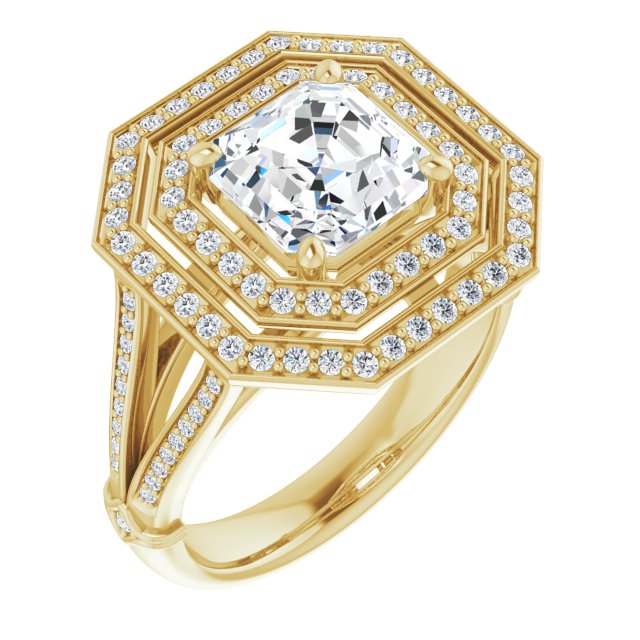 Cubic Zirconia Engagement Ring- The Chaunte (Customizable Cathedral-set Asscher Cut Design with Double Halo, Wide Split-Shared Prong Band and Side Knuckle Accents)