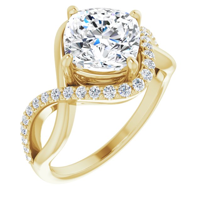 10K Yellow Gold Customizable Cushion Cut Design with Semi-Accented Twisting Infinity Bypass Split Band and Half-Halo
