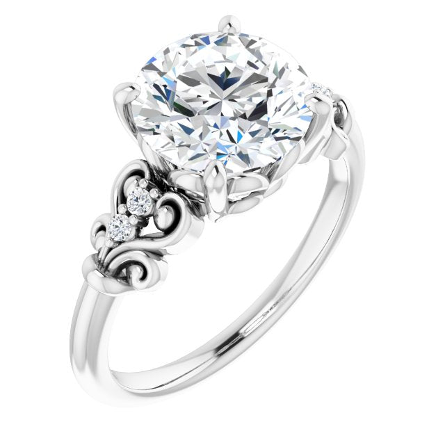 18K White Gold Customizable Vintage 5-stone Design with Round Cut Center and Artistic Band Décor