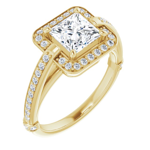 18K Yellow Gold Customizable High-Cathedral Princess/Square Cut Design with Halo and Shared Prong Band