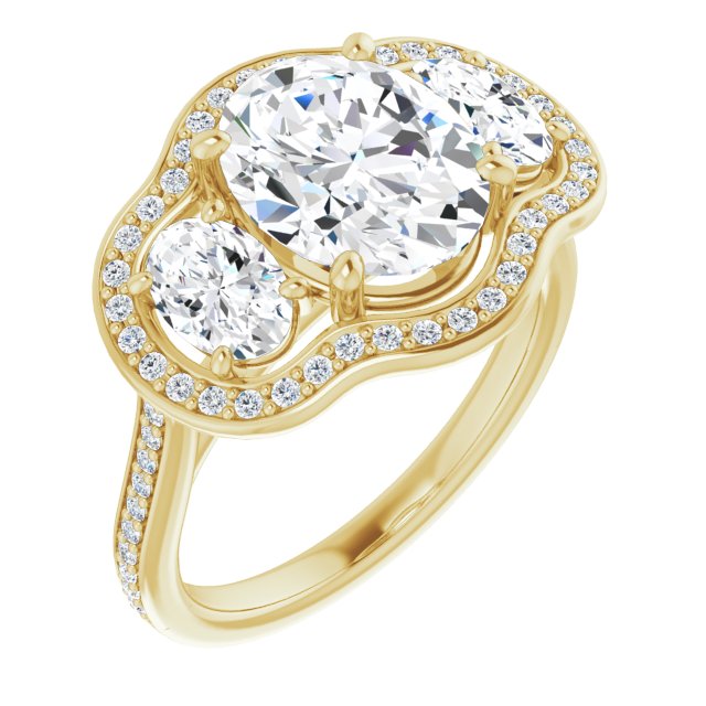 10K Yellow Gold Customizable Oval Cut Style with Oval Cut Accents, 3-stone Halo & Thin Shared Prong Band