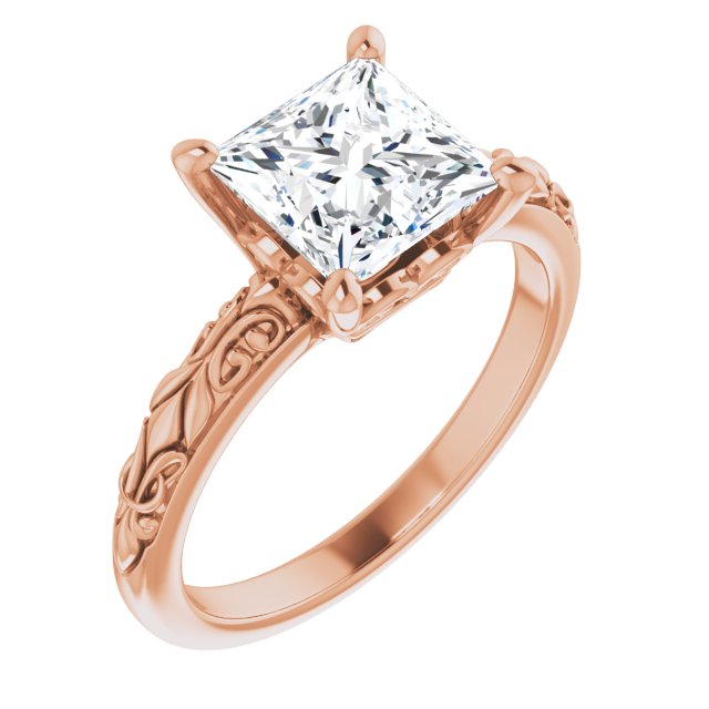 10K Rose Gold Customizable Princess/Square Cut Solitaire featuring Delicate Metal Scrollwork