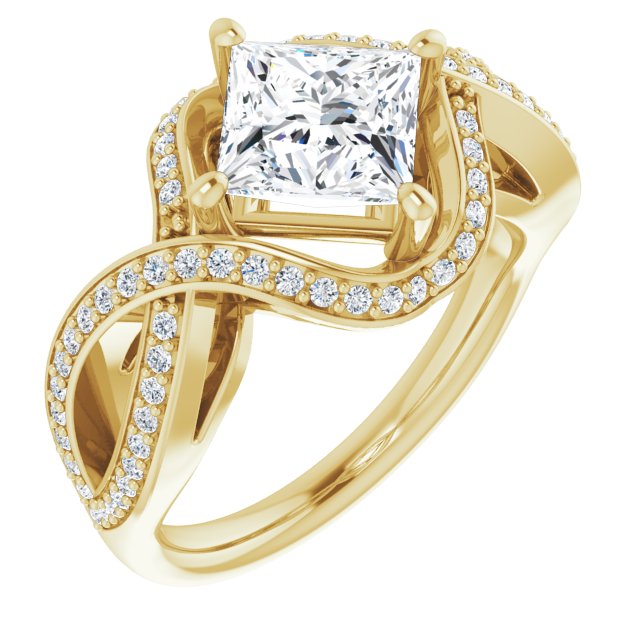 10K Yellow Gold Customizable Princess/Square Cut Design with Twisting, Infinity-Shared Prong Split Band and Bypass Semi-Halo
