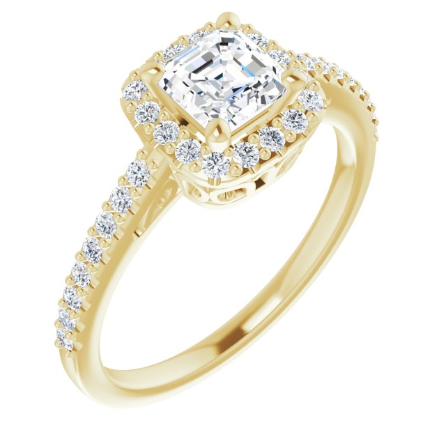 10K Yellow Gold Customizable Cathedral-Crown Asscher Cut Design with Halo and Accented Band