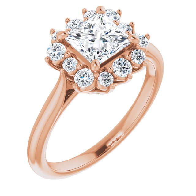 10K Rose Gold Customizable Crown-Cathedral Princess/Square Cut Design with Clustered Large-Accent Halo & Ultra-thin Band