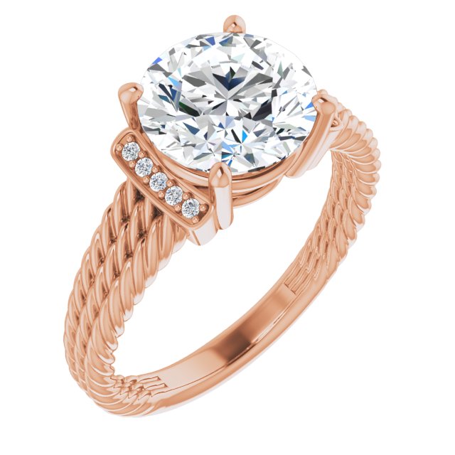 14K Rose Gold Customizable 11-stone Design featuring Round Cut Center, Vertical Round-Channel Accents & Wide Triple-Rope Band