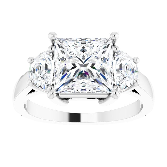 Cubic Zirconia Engagement Ring- The Bree (Customizable 3-stone Design with Princess/Square Cut Center and Half-moon Side Stones)