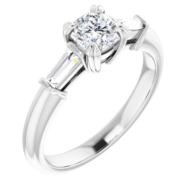10K White Gold Customizable 3-stone Cushion Cut Design with Tapered Baguettes
