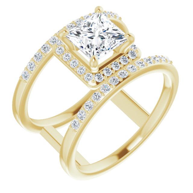 10K Yellow Gold Customizable Princess/Square Cut Halo Design with Open, Ultrawide Harness Double Pavé Band