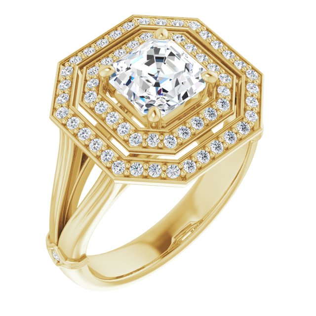 10K Yellow Gold Customizable Cathedral-set Asscher Cut Design with Double Halo, Wide Split Band and Side Knuckle Accents