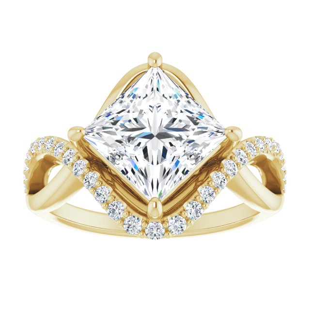 Cubic Zirconia Engagement Ring- The Kwan Lee (Customizable Princess/Square Cut Design with Semi-Accented Twisting Infinity Bypass Split Band and Half-Halo)