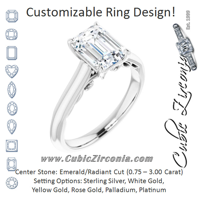 Cubic Zirconia Engagement Ring- The Adelaide (Customizable Emerald Cut Cathedral Solitaire with Two-Tone Option Decorative Trellis 'Down Under')