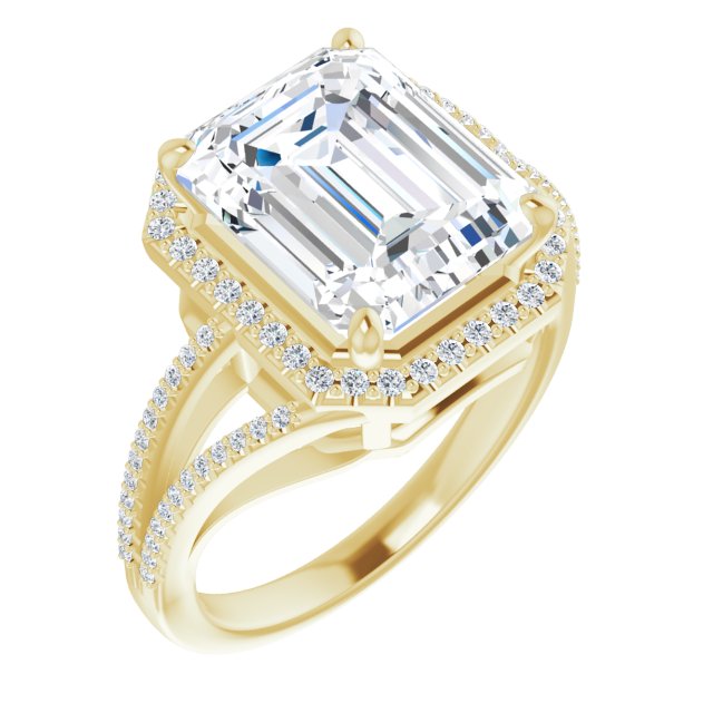 10K Yellow Gold Customizable Emerald/Radiant Cut Vintage Design with Halo Style and Asymmetrical Split-Pavé Band