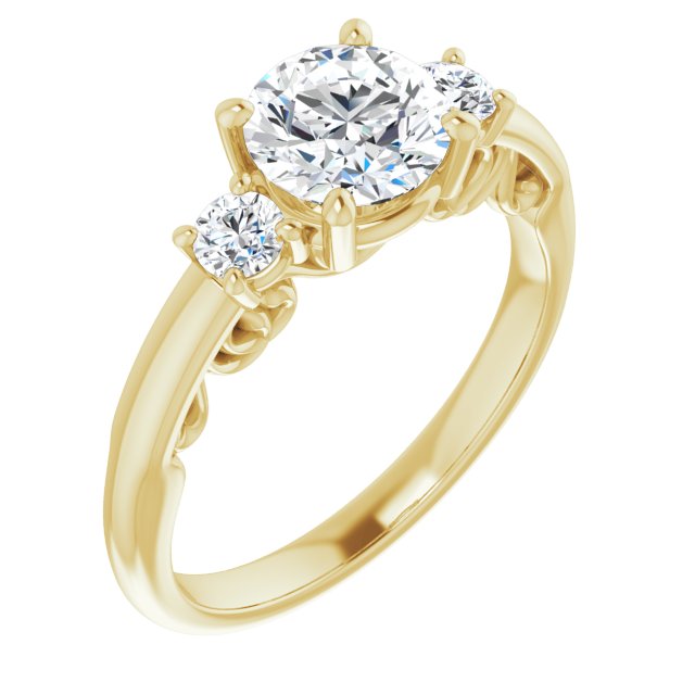 10K Yellow Gold Customizable Round Cut 3-stone Style featuring Heart-Motif Band Enhancement