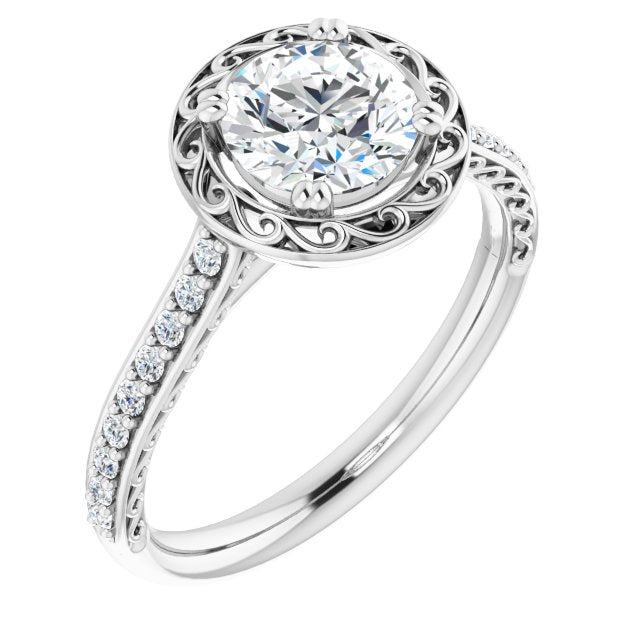10K White Gold Customizable Round Cut Halo Design with Filigree and Accented Band