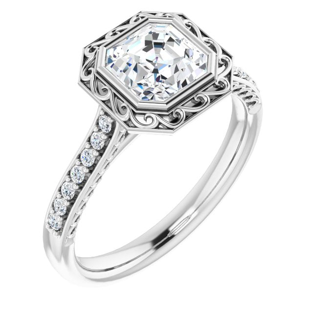 10K White Gold Customizable Cathedral-Bezel Asscher Cut Design featuring Accented Band with Filigree Inlay