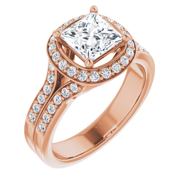 10K Rose Gold Customizable Princess/Square Cut Halo Style with Accented Split-Band